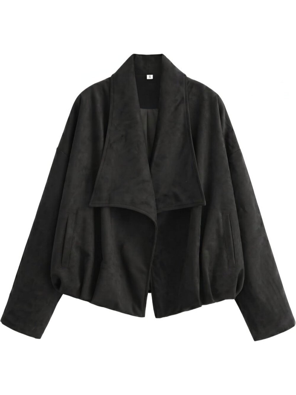 Women's Black Faux Suede Wrap Jacket Open Front Oversized Outerwear Jacket